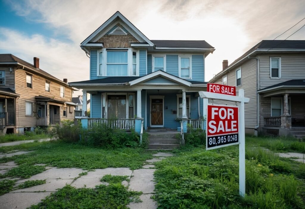 A dilapidated house with a "For Sale" sign, overgrown yard, and boarded-up windows, surrounded by other neglected properties in a run-down neighborhood