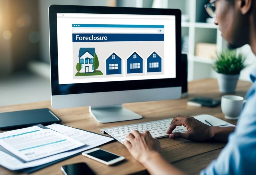 A person searching online for foreclosure properties, surrounded by a computer, paperwork, and a phone