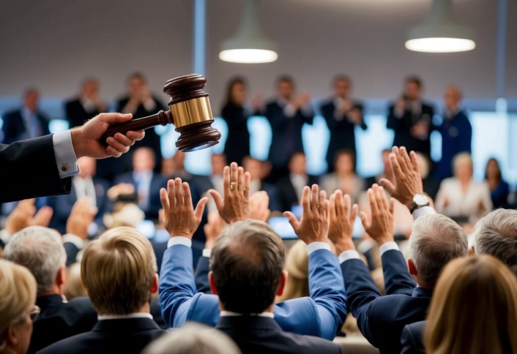 Auctioneer's gavel striking podium, bidders' hands raised, property displayed, crowd murmuring