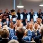 Auctioneer's gavel striking podium, bidders' hands raised, property displayed, crowd murmuring