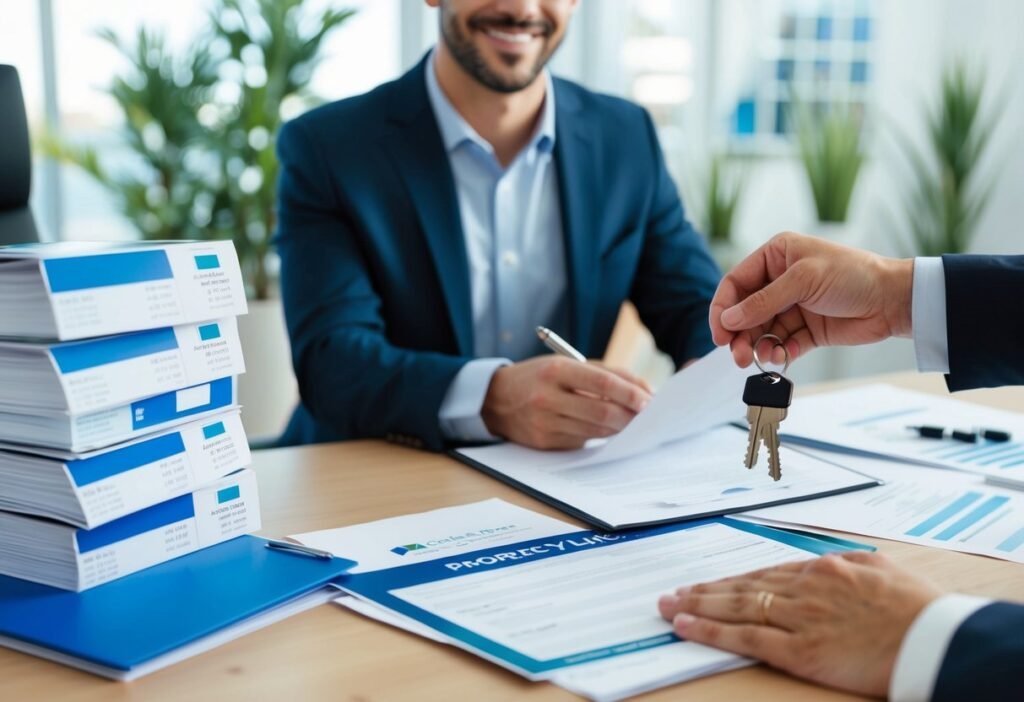 A person signing paperwork at a real estate office, surrounded by a stack of property listings and a realtor handing over keys