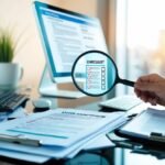 A desk cluttered with legal documents, a computer, and a checklist. A magnifying glass hovers over the checklist, highlighting the meticulous process of foreclosure due diligence