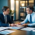 An investor and a lender discussing terms in a dimly lit office with paperwork spread out on a table