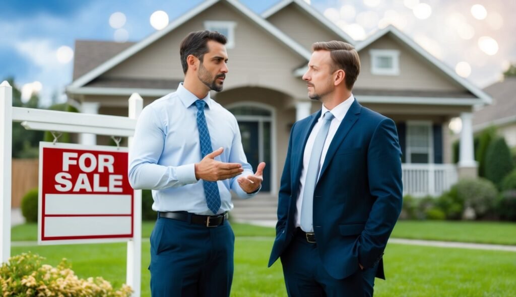 Two real estate investors standing in front of a house discussing a short sale transaction and future flip.