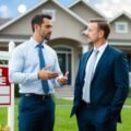 Two real estate investors standing in front of a house discussing a short sale transaction and future flip.