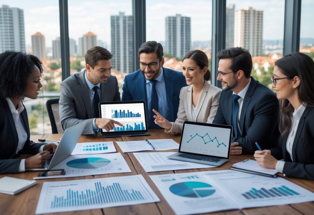 A group of business professionals discussing real estate investment documents and charts around a table in an office with a city view.
