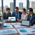 A group of business professionals discussing real estate investment documents and charts around a table in an office with a city view.