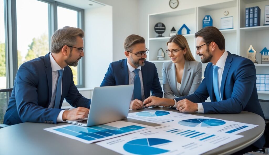 Three real estate professionals discussing property data around a conference table in an office.