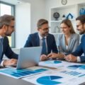 Three real estate professionals discussing property data around a conference table in an office.