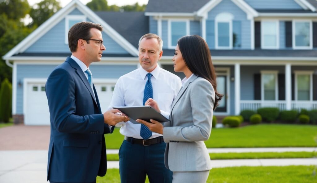 A group of real estate professionals reviewing tenant applications and screening documents in front of a house.