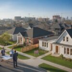 A city neighborhood with renovated houses, construction sites, and people discussing real estate outside a home.