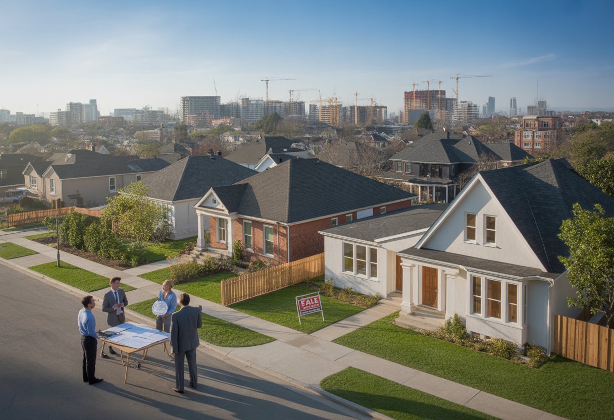 A city neighborhood with renovated houses, construction sites, and people discussing real estate outside a home.