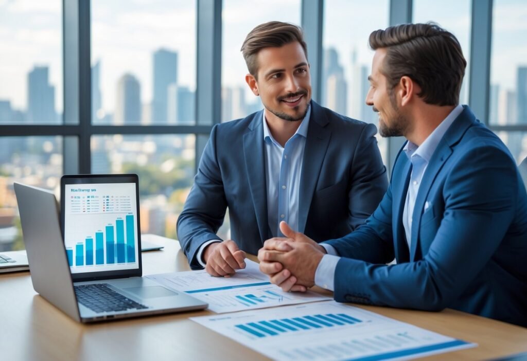 Two professionals discussing mortgage refinancing options in a modern office with a laptop showing financial charts.