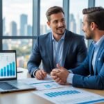 Two professionals discussing mortgage refinancing options in a modern office with a laptop showing financial charts.