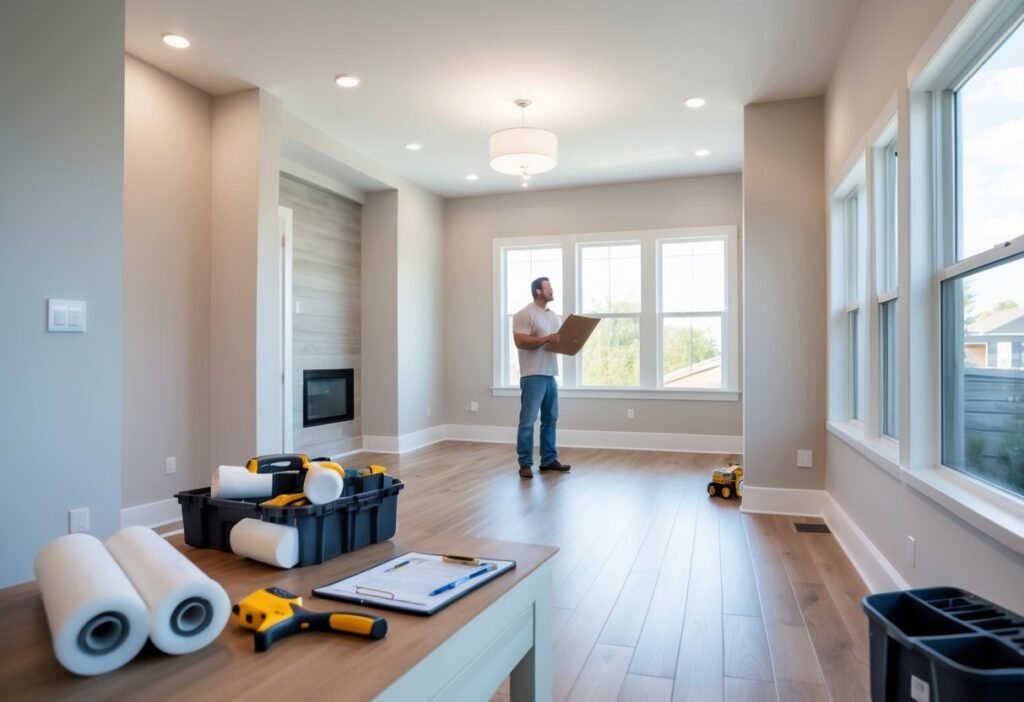 A bright living room with new hardwood floors and fresh paint, a person inspecting the renovation work with tools and a clipboard nearby.