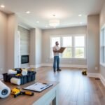A bright living room with new hardwood floors and fresh paint, a person inspecting the renovation work with tools and a clipboard nearby.