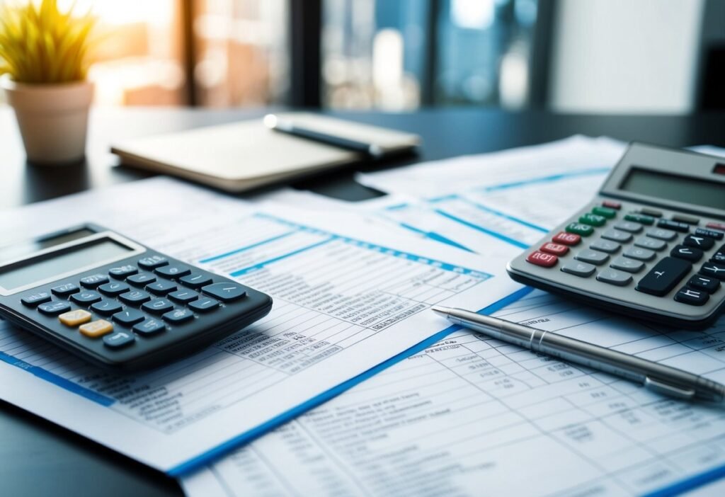 A calculator, rental property documents, and financial spreadsheets spread out on a desk