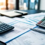 A calculator, rental property documents, and financial spreadsheets spread out on a desk