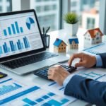 A person working at a desk with financial documents, a laptop, a calculator, and small house models, analyzing real estate short sales.