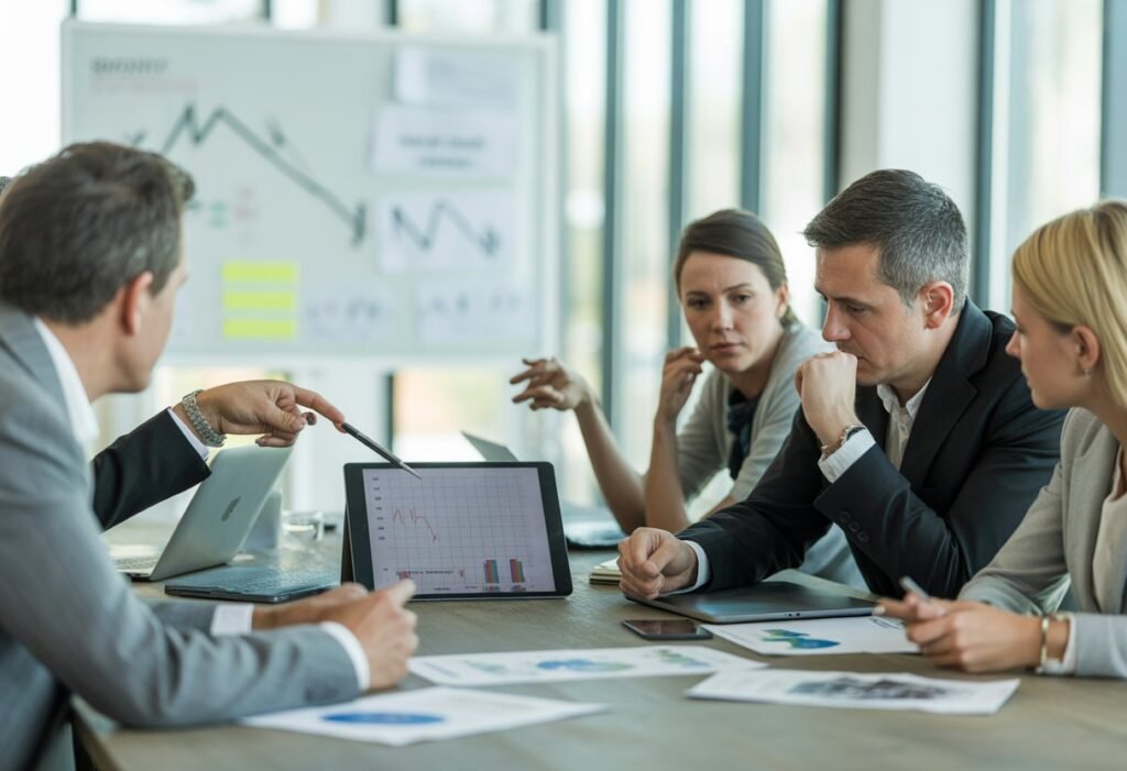 A group of real estate investors and professionals in a meeting room reviewing property charts and documents, discussing challenges related to short sales.