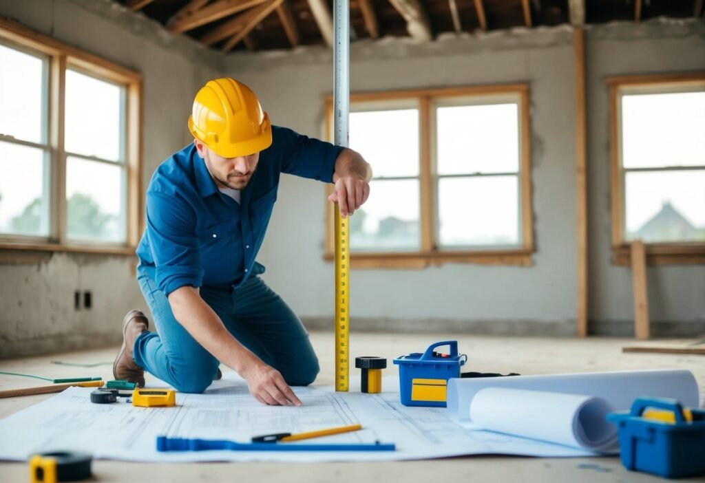 A contractor measures and assesses a rundown house, surrounded by tools and blueprints, calculating renovation expenses for a potential flip