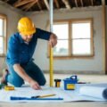 A contractor measures and assesses a rundown house, surrounded by tools and blueprints, calculating renovation expenses for a potential flip