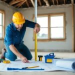 A contractor measures and assesses a rundown house, surrounded by tools and blueprints, calculating renovation expenses for a potential flip