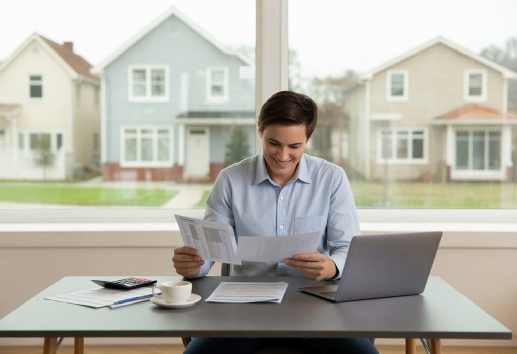 A person sitting at a desk reviewing property documents and listings on a laptop with houses visible outside the window.