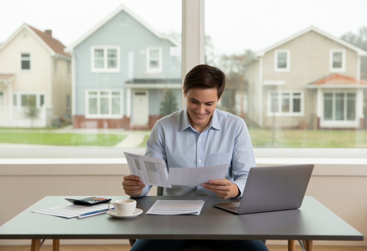 A person sitting at a desk reviewing property documents and listings on a laptop with houses visible outside the window.