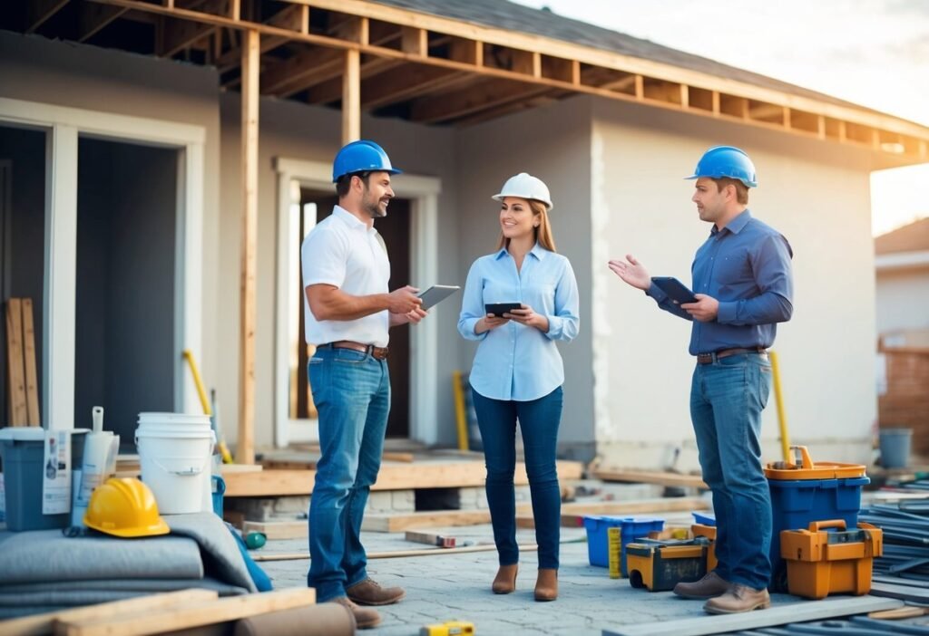 A dilapidated house being renovated with construction materials and tools scattered around. A real estate agent and a contractor discussing a hard money loan