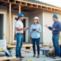 A dilapidated house being renovated with construction materials and tools scattered around. A real estate agent and a contractor discussing a hard money loan