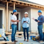 A dilapidated house being renovated with construction materials and tools scattered around. A real estate agent and a contractor discussing a hard money loan