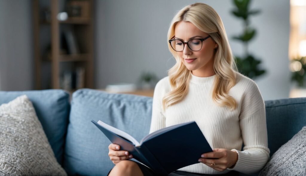 A blonde female real estate investor with glasses sitting on her couch reading a book about how to prepare for a foreclosure auction. She is wearing a sweater and a skirt.