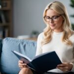A blonde female real estate investor with glasses sitting on her couch reading a book about how to prepare for a foreclosure auction. She is wearing a sweater and a skirt.