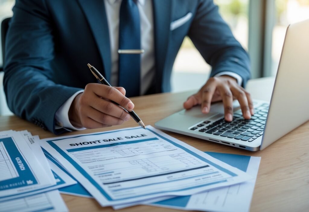 Person preparing short sale paperwork at a desk with documents, pen, and laptop in an office setting.