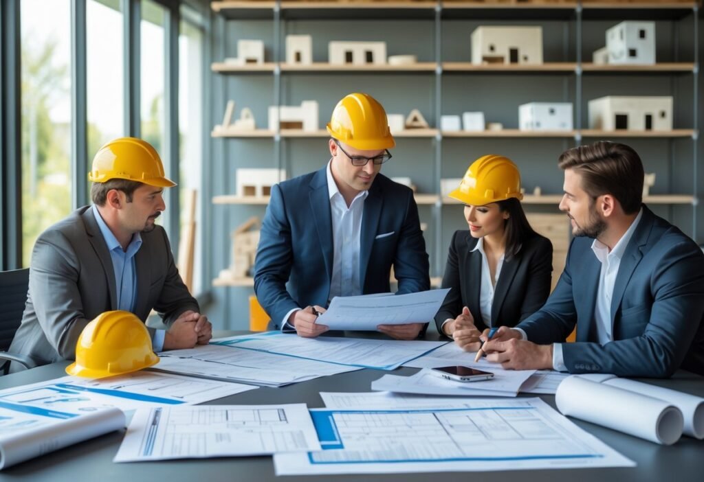 A group of people in an office reviewing renovation plans and discussing a home flip project.