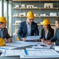 A group of people in an office reviewing renovation plans and discussing a home flip project.