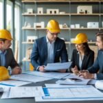 A group of people in an office reviewing renovation plans and discussing a home flip project.