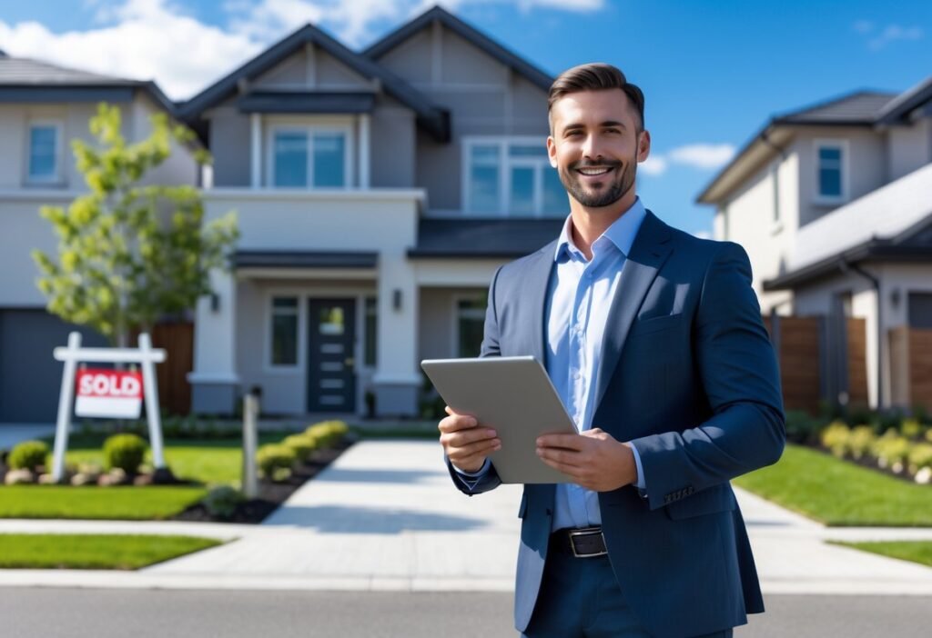A real estate agent standing outside a house with a clipboard and tablet, with a sold sign on the lawn.