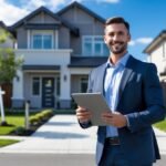 A real estate agent standing outside a house with a clipboard and tablet, with a sold sign on the lawn.