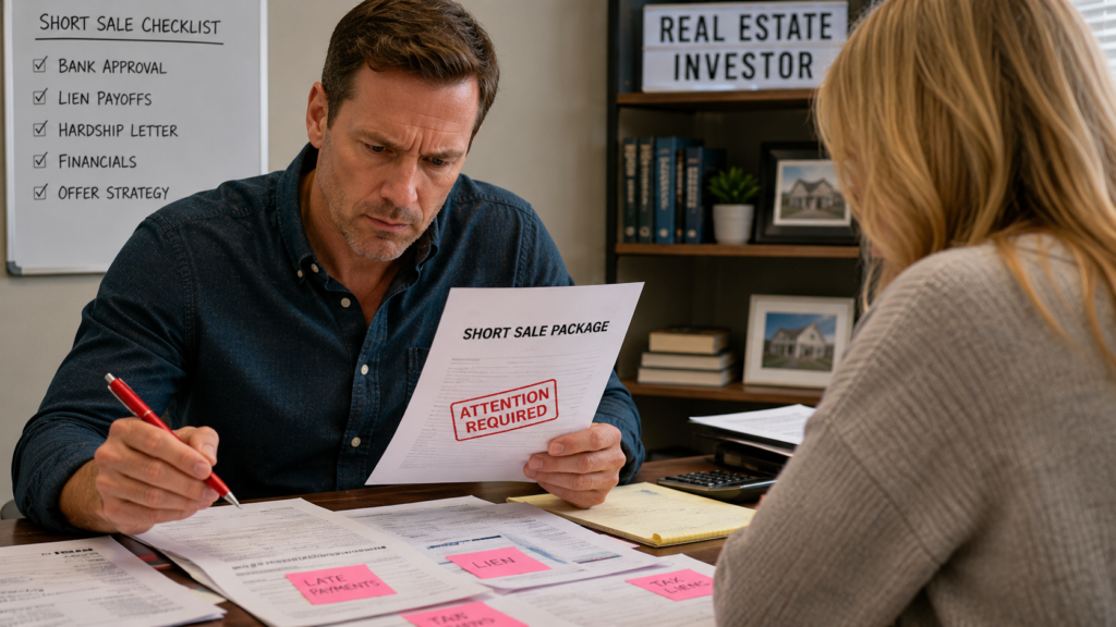 Male short sale investor reviewing seller documents at a desk and marking red flags in the deal paperwork.

