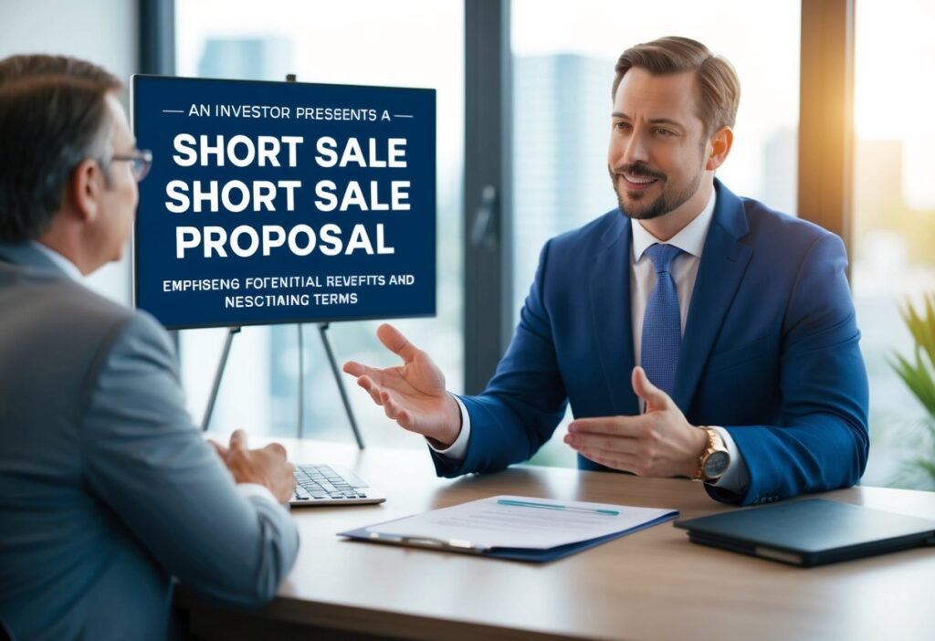 An investor confidently presents a short sale proposal to a hesitant seller, emphasizing potential benefits and negotiating terms