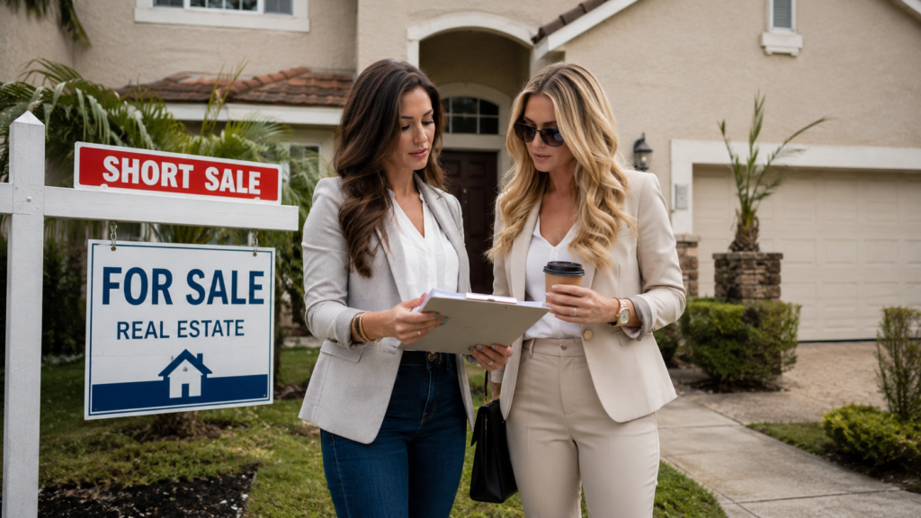 two fashionably dressed female real estate investors standing in front of a short-sale home assessing its value.