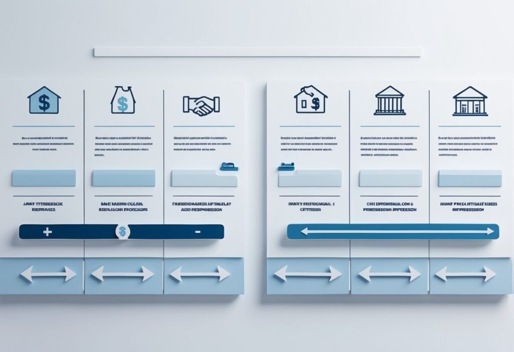 Two parallel timelines side by side comparing the stages of short sale and foreclosure processes using simple icons on a white background.