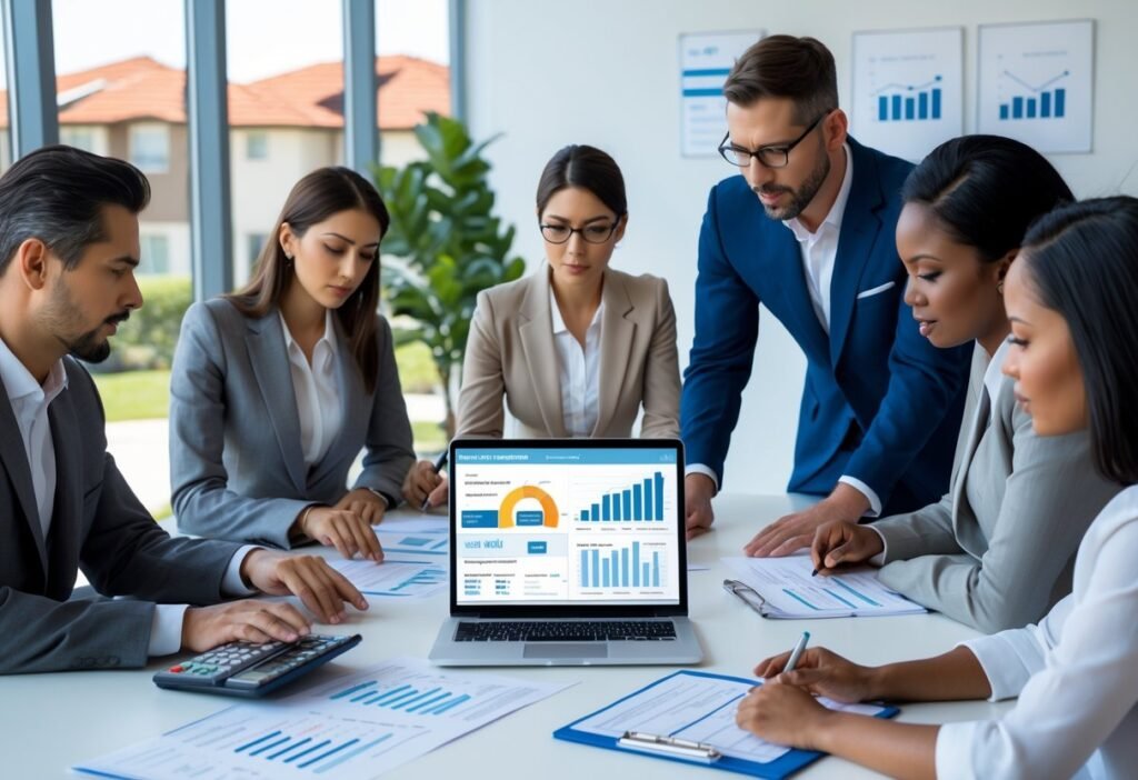 People reviewing tenant applications and financial documents in an office setting with a laptop, papers, and checklists on the desk.