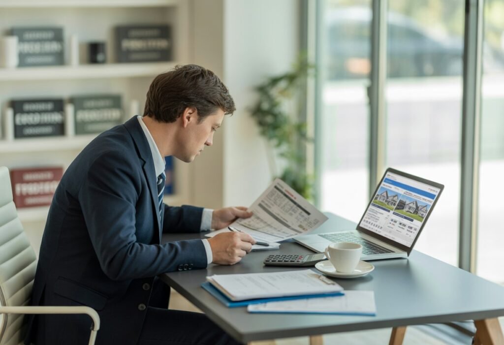 A person reviewing property documents and a laptop in an office setting, focused on searching for foreclosure properties.