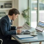 A person reviewing property documents and a laptop in an office setting, focused on searching for foreclosure properties.