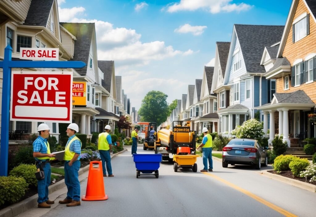 A bustling street with "For Sale" signs on houses, contractors renovating properties, and real estate agents discussing market trends