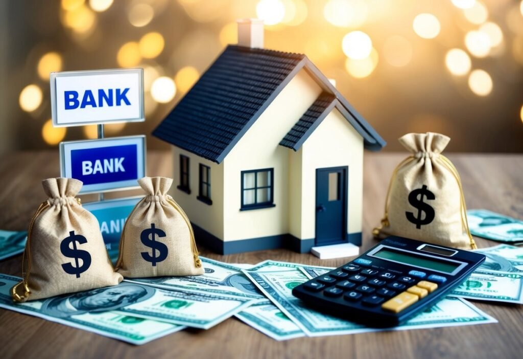 A house surrounded by various financing options such as bank logos, money bags, and a calculator