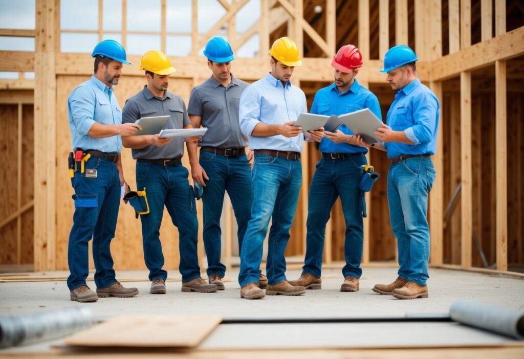 A group of contractors discussing house flip plans and inspecting properties
